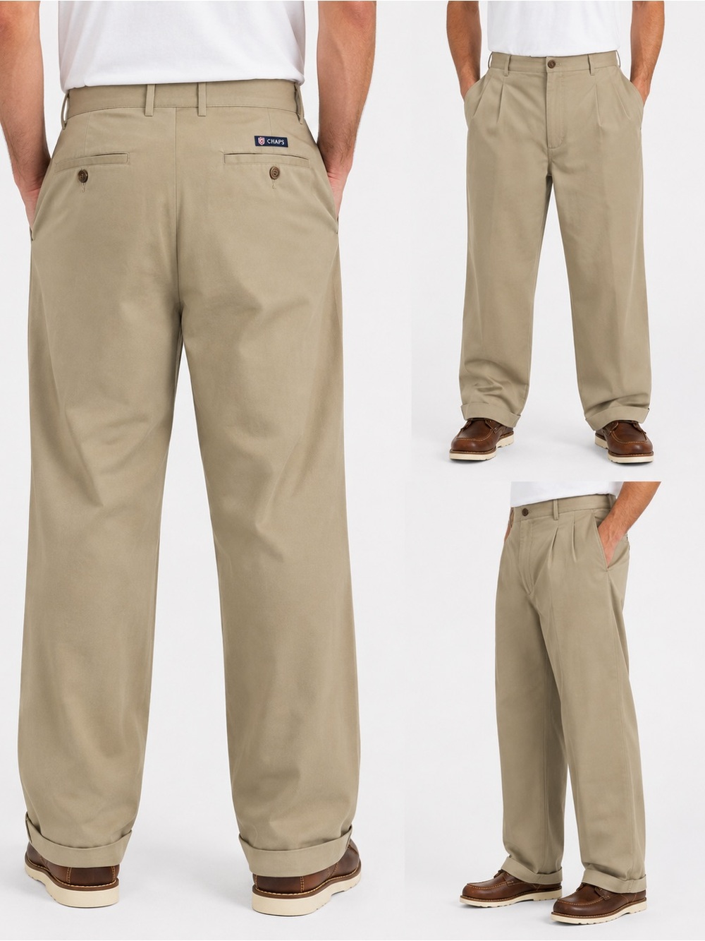 Chaps Men’s Khaki Pleated Pants Size 40x32 Classic Fit 100% Cotton Cuffed